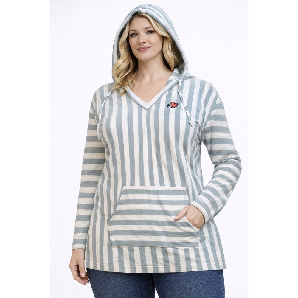 M heart Striped‎ Hoodie V Neck Kangaroo Pocket Long Sleeve Casual Womens Tunic